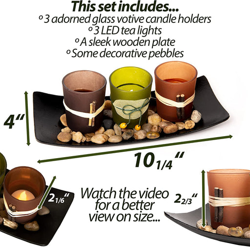 Votive Candle Holder, Vintage Decor Flameless Natural Candlescape Set, 3 LED Tea Light Candles, Rocks and Tray (Natural Earth Tones) Bath Decor Decorative Candles Zen Room Decor Gift