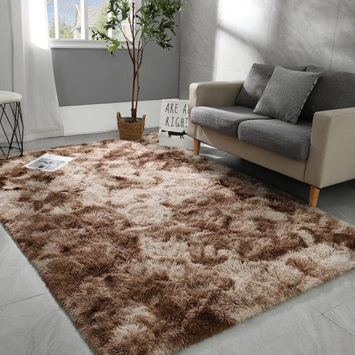 5X8 Large Area Rugs for Living Room, Super Soft Fluffy Modern Bedroom Rug, Tie-Dyed Brown Indoor Shag Fuzzy Carpets for Girls Kids Nursery Room Home Decor