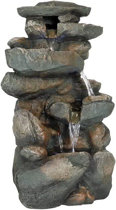 Rockery Tabletop Fountain - 16 H”5-Tier Resin Crafted Stacked Rockery Waterfall Fountain with Light&Cascading Water Stream for Indoor Outdoor, Relaxation Water Feature with Submersible Pump