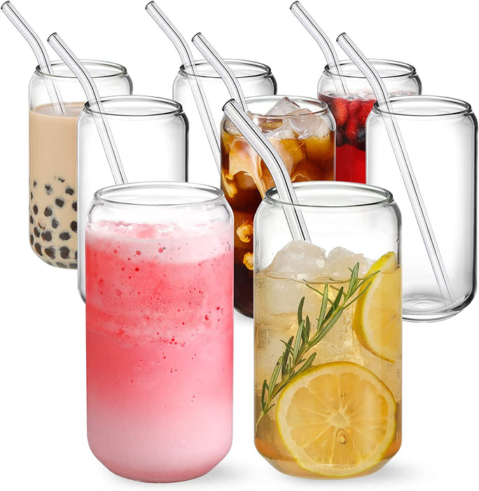 [ 8Pcs Set ] Drinking Glasses with Bamboo Lids and Glass Straw - 16Oz Can Shaped Glass Cups, Beer Glasses, Iced Coffee Glasses, Cute Tumbler Cup, Ideal for Cocktail, Whiskey, Gift - 2 Cleaning Brushes