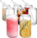 [ 8Pcs Set ] Drinking Glasses with Bamboo Lids and Glass Straw - 16Oz Can Shaped Glass Cups, Beer Glasses, Iced Coffee Glasses, Cute Tumbler Cup, Ideal for Cocktail, Whiskey, Gift - 2 Cleaning Brushes
