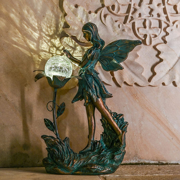 Large Garden Fairy Outdoor Statue, Solar Garden Sculptures & Statues with Crackle Glass Globe, Bronze Patina Garden Art for Lawn Patio Yard Decor 13.2 Inch