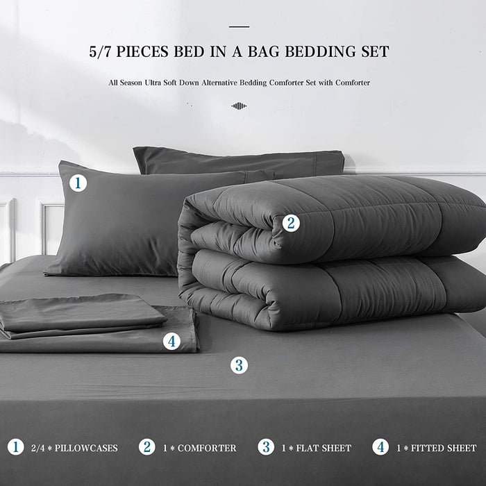 Full Size 7 Pieces Bed in a Bag Bedding Set - Lightweight Dark Grey Comforter Set, All Season Ultra Soft down Alternative Bedding Comforter Set with Comforter, Pillowcase, Flat Sheet, Fitted Sheet