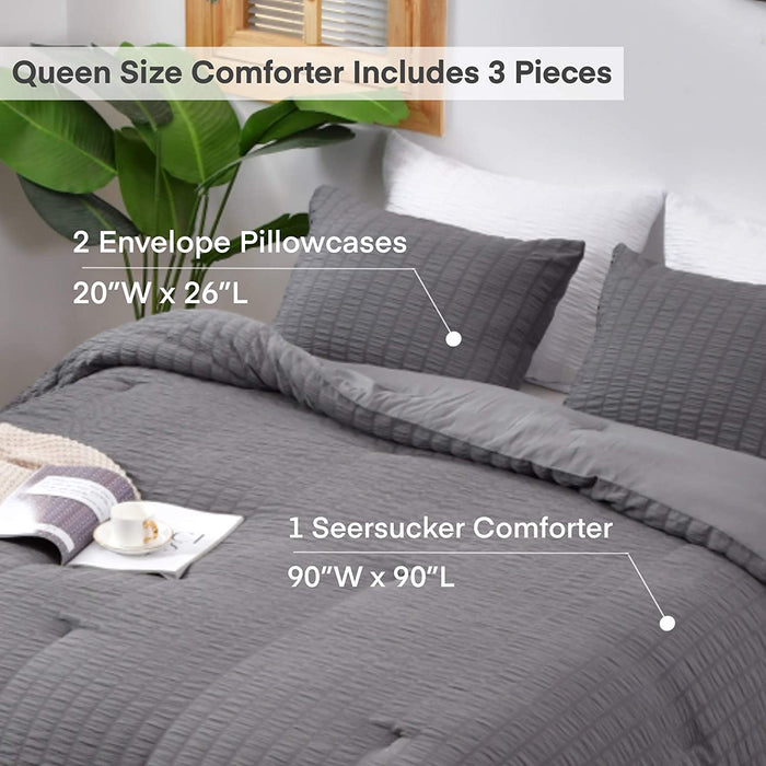 Seersucker Queen Comforter Set (90X90 Inches), 3 Pieces- 100% Soft Washed Microfiber Lightweight Comforter with 2 Pillowcases, All Season down Alternative Comforter Set for Bedding, Grey