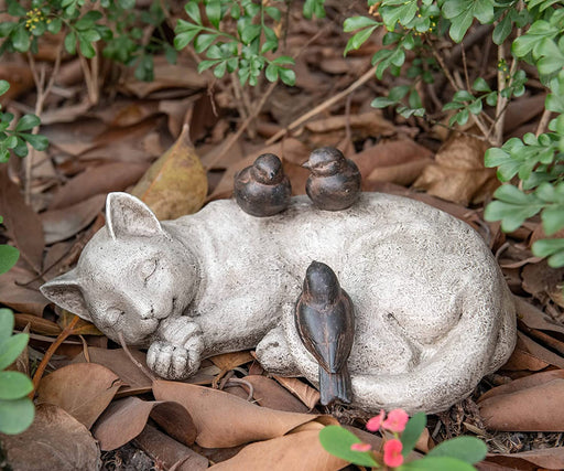 Sleeping Cat Garden Statues Outdoor - Sparrows on Cat Figurine 12" X 8" X 4.5"