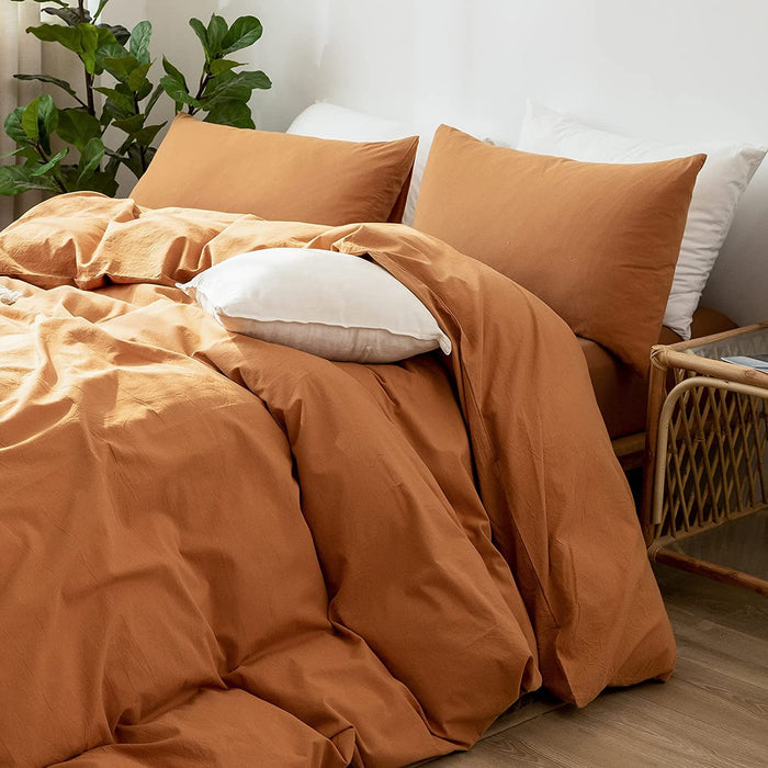 Bedding Duvet Cover Set 100% Washed Cotton Linen like Textured Breathable Durable Soft Comfy (Burnt Orange, Queen)