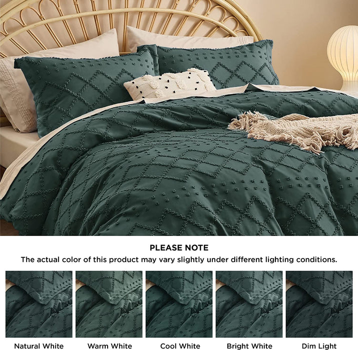 Bedsure Boho Duvet Cover Queen - Boho Bedding, Tufted Queen Duvet Cover for All Seasons, 3 Pieces Embroidery Shabby Chic Home Bedding Duvet Cover Set (Forest Green, Queen, 90X90)