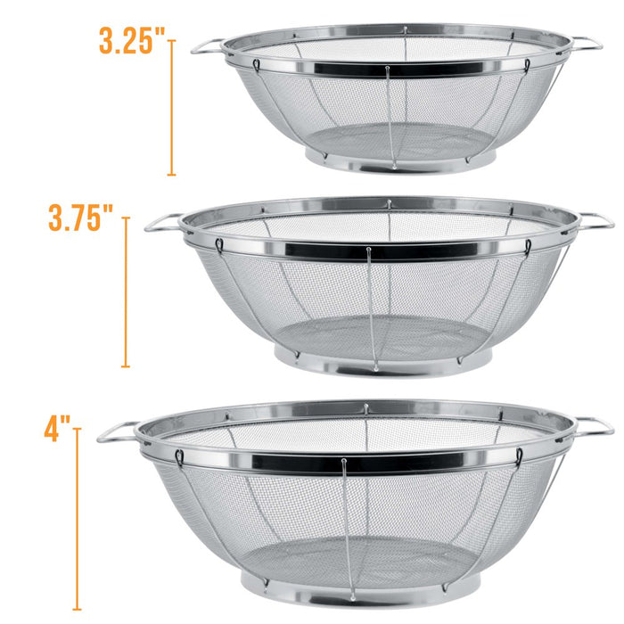 3 Piece Colander Set-Stainless Steel Wired Mesh Strainer Baskets with Wide Handles-11"-5 Quart, 9.5"