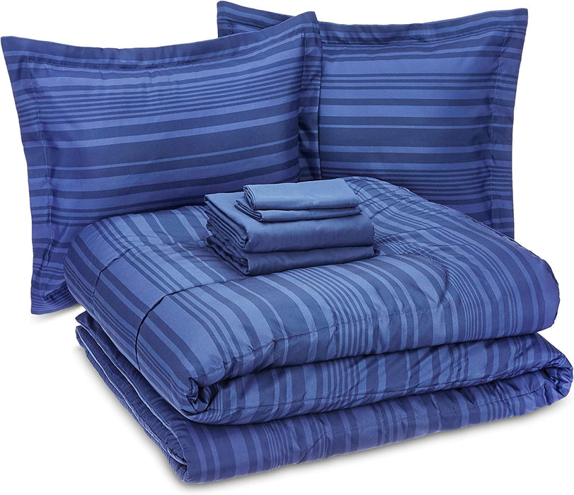 7-Piece Lightweight Microfiber Bed-In-A-Bag Comforter Bedding Set - Full/Queen, Royal Blue Calvin Stripe