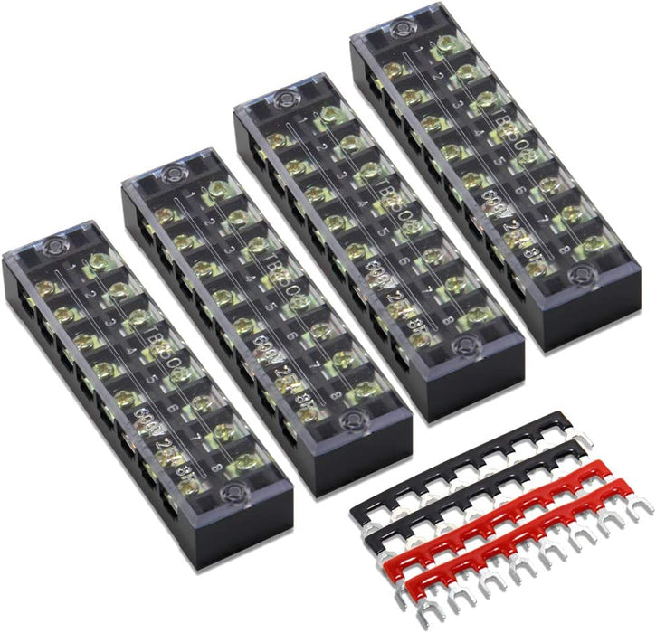 Terminal Block and Strip - 12Pcs (6 Sets) 4 Positions Dual Row 600V 25A Screw Terminal Strip Blocks with Cover + 400V 25A 4 Positions Pre-Insulated Terminals Barrier Strip Black & Red