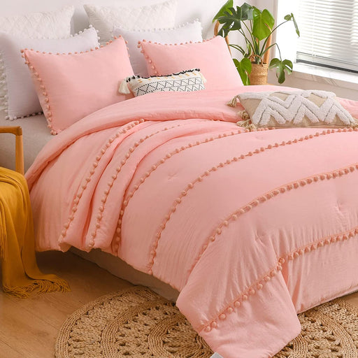 Pink King Size Comforter Set, Boho Bedding Pom Pom Bed Comforter King Set for All Season 3 Pieces