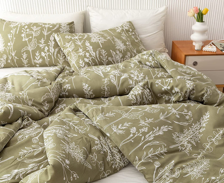 Queen Comforter Sets Olive Green Comforter,3 PCS Bedding Sets Floral Comforter Set Plant Flowers Printed on Green Comforter Set