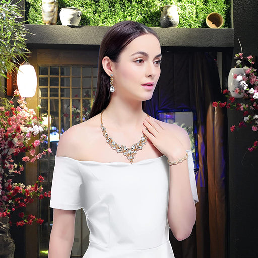 3/4 Pieces Women Jewelry Set Rhinestone Crystal Bride Statement Choker Necklace Tiara Crown Link Bangle Bracelet Teardrop Dangle Earrings Set for Wedding Party