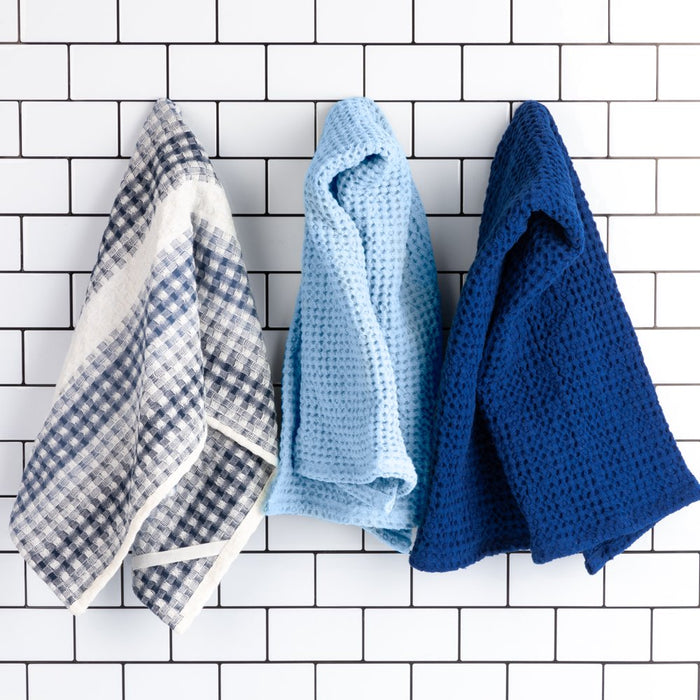 Cotton Waffle Kitchen Towels, Blue White, 3-Piece Set