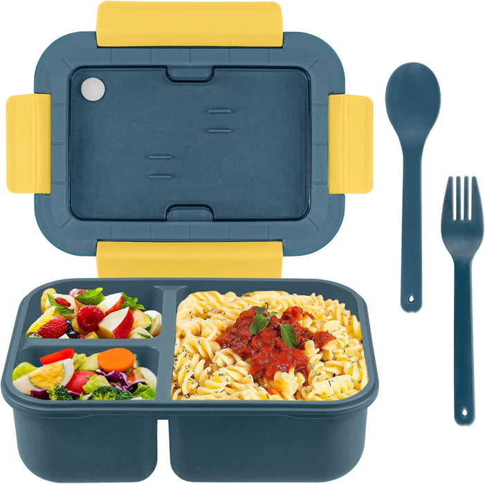 Bento Box, Bento Box for Adults, 49 OZ 3 Compartments Bento Lunch Box with Spoon & Fork, Leakproof Bento Box, Microwave Safe