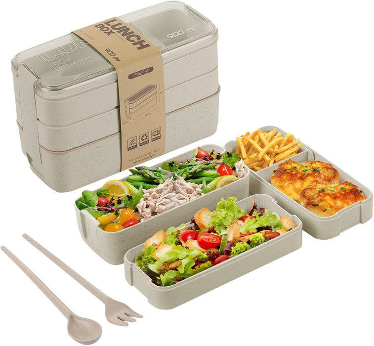 Bento Box Lunch Box for Adults Kids,  3-In-1 Compartment Containers - Wheat Straw, Leakproof Eco-Friendly Bento Lunch Box Meal Prep Containers Microwave Safe (Beige)