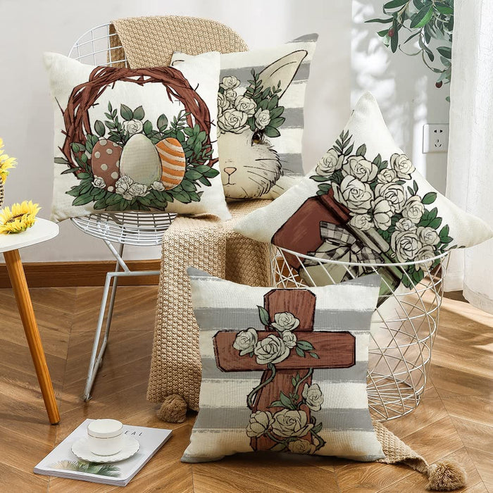 Easter Pillow Covers 18X18 Set of 4 Happy Easter Decorations for Spring Farmhouse Bunny Egg Pillows Easter Decorative Throw Pillows for Home Decor…