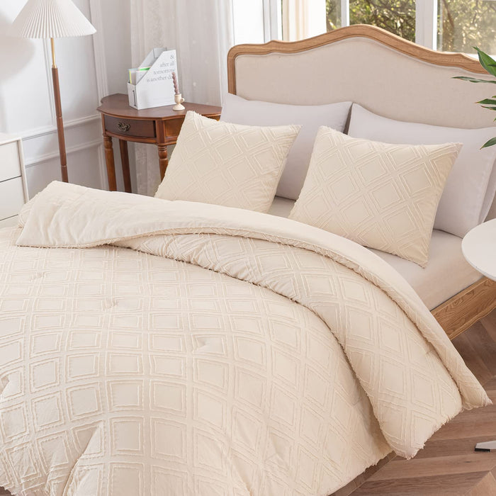 Queen Size Comforter Set Diamond Tufted Design, Cream Bedding Set, Soft & Lightweight Queen Bed Comforter for All Seasons (Queen, 90''Wx90''L , 3 Pieces)