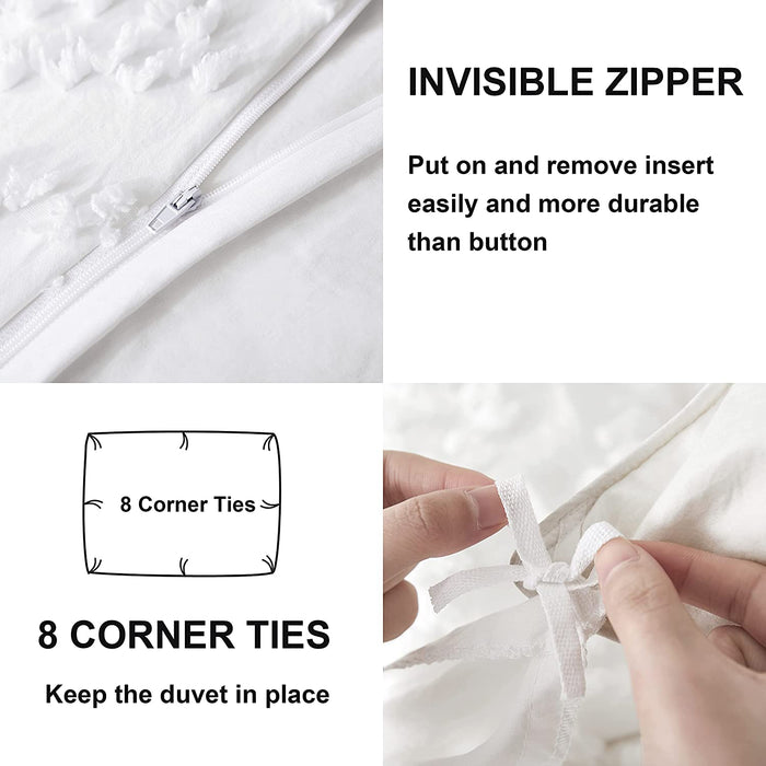 Oli Anderson Tufted Duvet Cover Queen Size, Soft and Lightweight Duvet Covers Set for All Seasons, 3 Pieces Boho Embroidery Shabby Chic Bedding Set (White, Queen, 90’’ X 90’’)