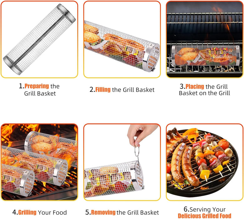 Rolling Grill Baskets for Outdoor Grilling : 2 Pcs Stainless Steel Grill Mesh, Rolling Grill Baskets for Outdoor Grill, Portable Grill Nets Cylinder for Shrimp, Meat Barbecue Camping Picnic with Forks