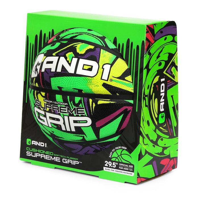 AND1 Supreme Grip Spongetech Rubber Basketball- Regulation Size Streetball (29.5"), Made for Indoor and Outdoor Basketball Games (Green/Purple)