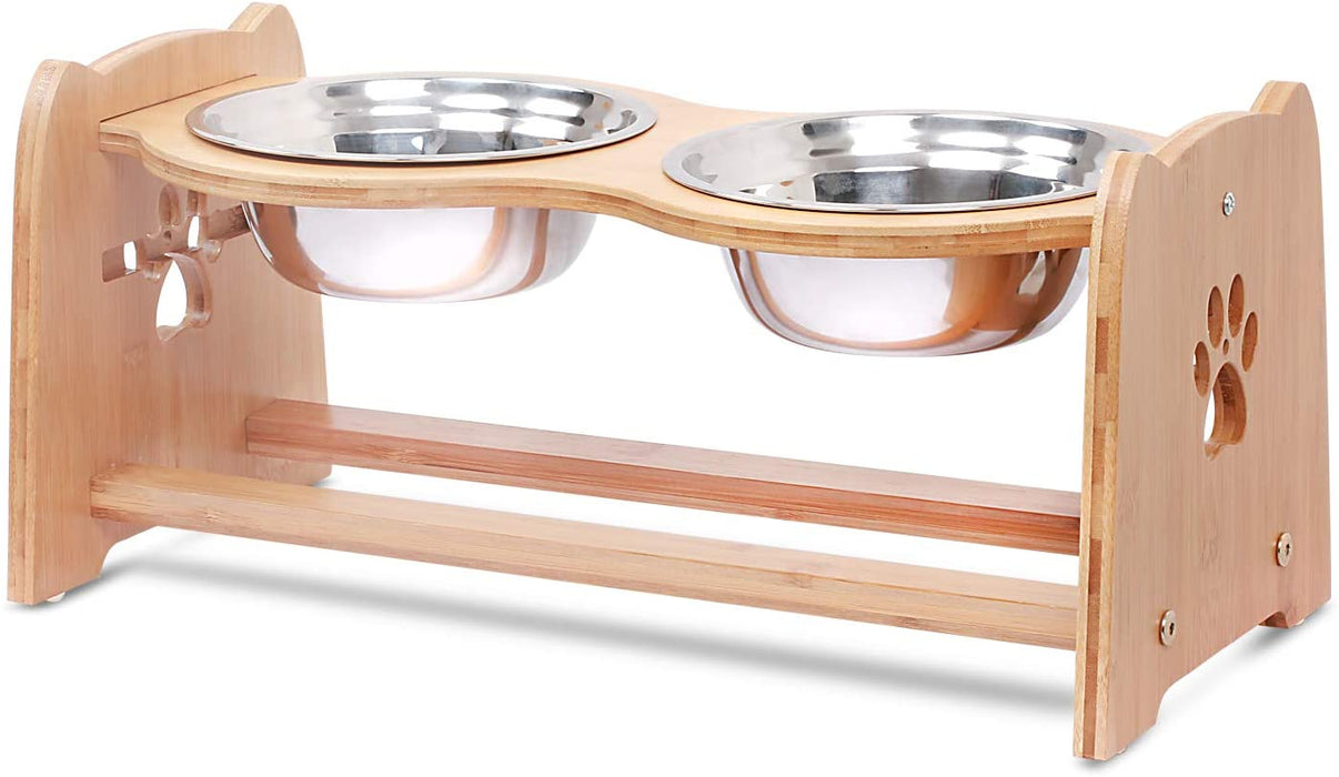 Raised Pet Bowls for Cats and Dogs, Adjustable Bamboo Elevated Dog Cat Food and Water Bowls Stand Feeder with 2 Stainless Steel Bowls and anti Slip Feet (Height 7.9" to 11.4" to 15")