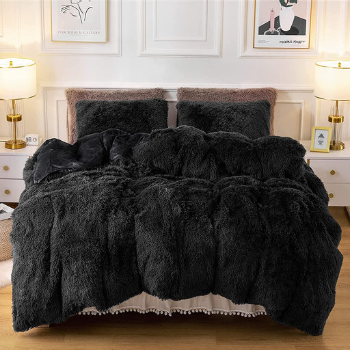 Plush Fluffy Duvet Cover Oeko-Tex Certified Luxury Ultra Soft Shaggy Crystal Velvet Bedding Set 3 Pieces(1 Duvet Cover + 2 Pillow Shams) Zipper Closure(Queen, Black)