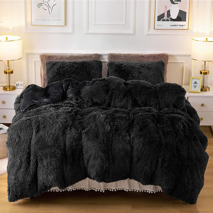Plush Fluffy Duvet Cover Oeko-Tex Certified Luxury Ultra Soft Shaggy Crystal Velvet Bedding Set 3 Pieces(1 Duvet Cover + 2 Pillow Shams) Zipper Closure(Queen, Black)