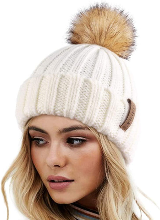 FURTALK Womens Winter Knitted Beanie Hat with Faux Fur Pom Warm Knit Skull Cap Beanie for Women…