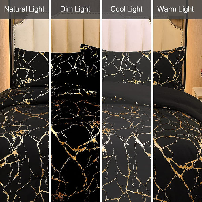 Gold Metallic Marble Comforter Set Queen Size Foil Print Glitter Bedding Sets,Black/Gold,Queen