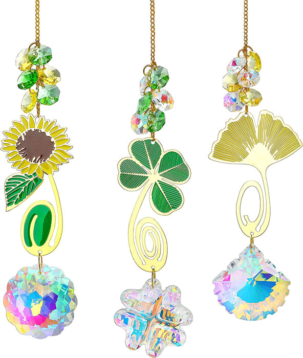Hanging Crystal Suncatchers Prism, Glass Window Decorations, Rainbow Maker Wind Chime Sun Catcher, Sunflower&Clover&Ginkgo Leaf