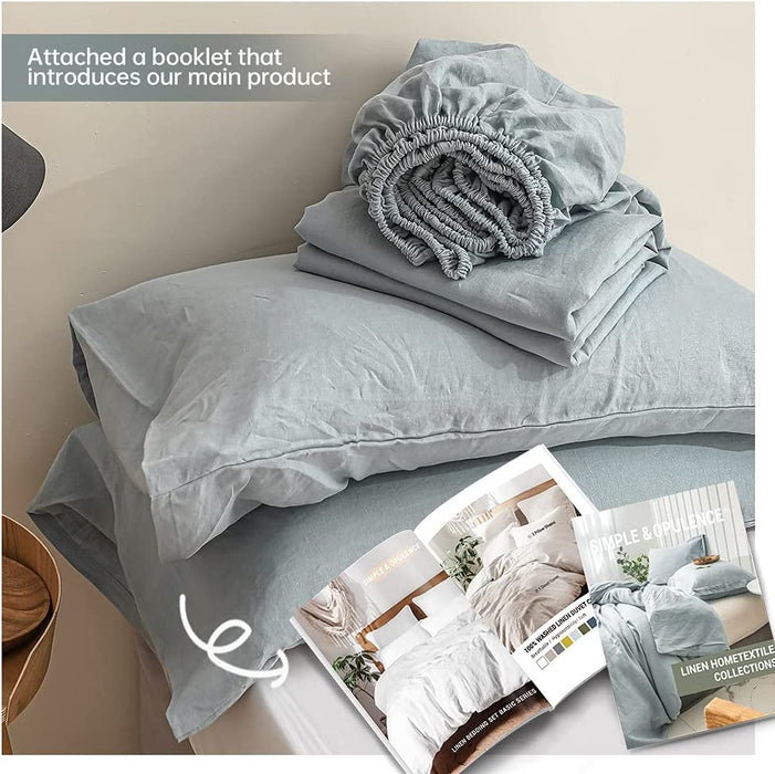 Simple&Opulence 100% Linen Sheet Set Solid Color-4 Pcs Washed French Linen Bed Sheets(1 Flat Sheet,1 Fitted Sheet,2 Pillowcases)-Breathable Bedding Set (Dusty Blue, Queen)