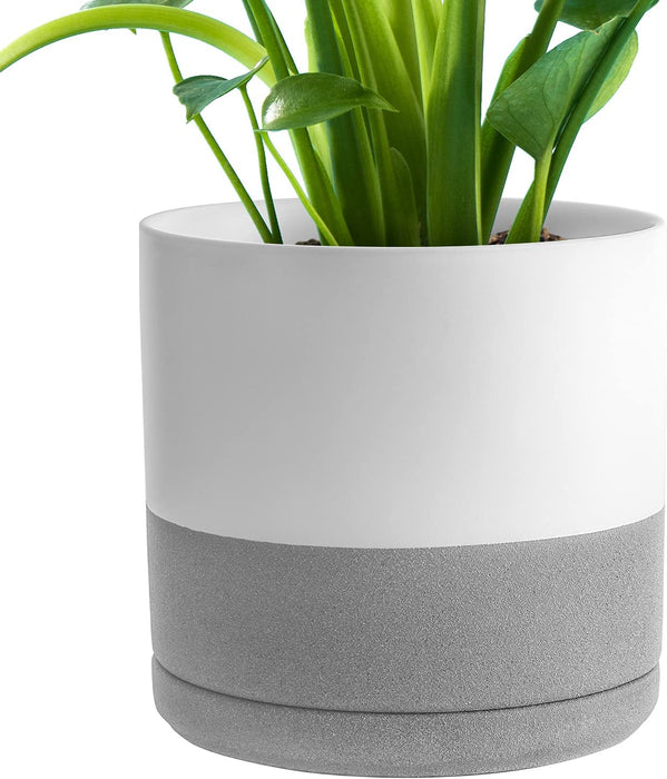 6Inch Modern Cylinder Matte Ceramic Planter Pot with Drainage Hole and Saucer , Planter Pot for Indoor Outdoor Plants Flowers , White/Gray