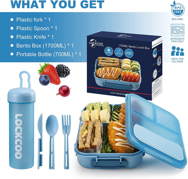 Bento Box for Adults, 1700ML Lunch Bento Box for Kids Childrens with Spoon&Fork&Knife&Water Bottle - Bpa-Free,Leak-Proof for On-The-Go Meal,Lunch Containers Microwave/Dishwasher Safe (Blue)