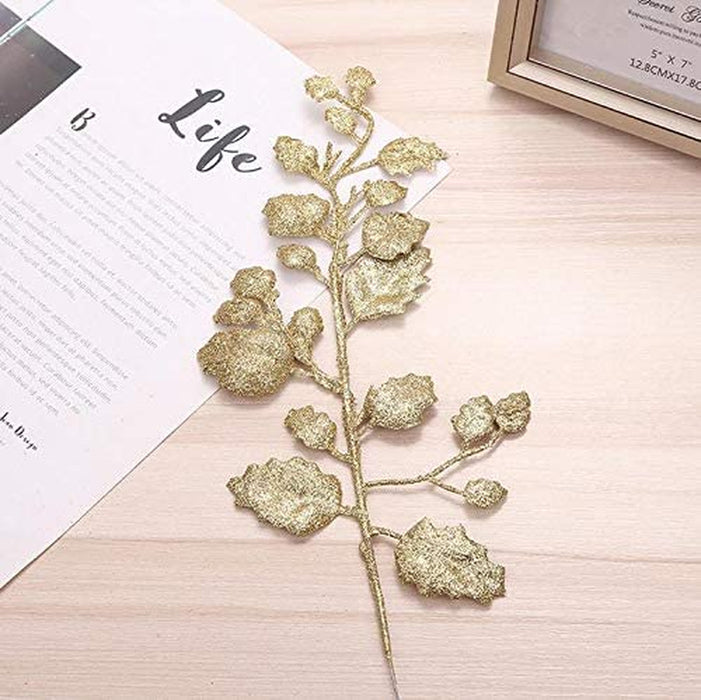 12PCS Christmas Glitter Leaves Picks Artificial Plant Leaves with Stem Xmas Tree Hanging Branches Christmas Tree Ornaments for DIY Wreath Crafts Holiday Home Decor