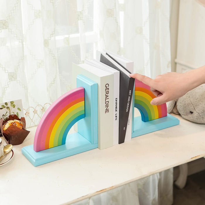 Wooden Rainbow Book Ends Non-Skid Cute Kids Bookends Book Stoppers for Girls Home Children'S Room Classroom Nursery Decor, Pack of 2
