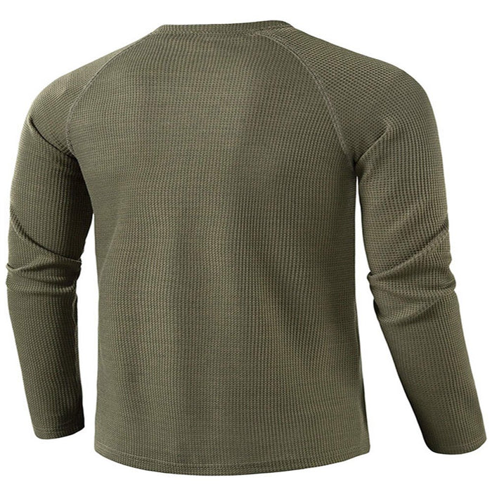 Mens Fashion Waffle T Shirts Henley Neck Solid Color Pullover Work Long Sleeve T-Shirt Army Green XL