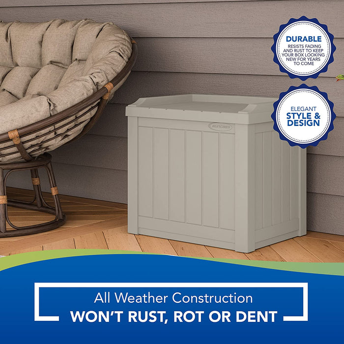 Small Deck Box-Lightweight Resin Indoor/Outdoor Storage Container and Seat Cushions and Gardening Tools Store Items on Patio, Garage, Yard, 22 Gallon, Light Taupe