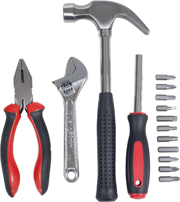 Home Improvement Tool Kit - 15-Piece Household Hand Tools Essentials Set in Durable Plastic Carrying Case for Home, Office, and Car by  (Red)