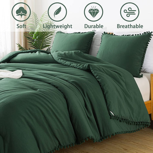 Dark Green Pom Pom Fringe Comforter Full(79X90 Inch), 3 Pieces(1 Boho Comforter and 2 Pillowcases) Aesthetic Boho Pom Comforter, Lightweight Soft Microfiber down Alternative Bedding Set