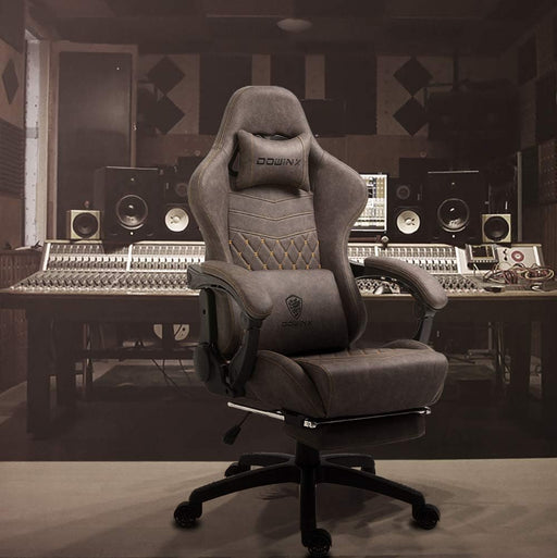 Gaming Chair Office Chair PC Chair with Massage Lumbar Support, Vintage Style PU Leather High Back Adjustable Swivel Task Chair with Footrest (Brown)