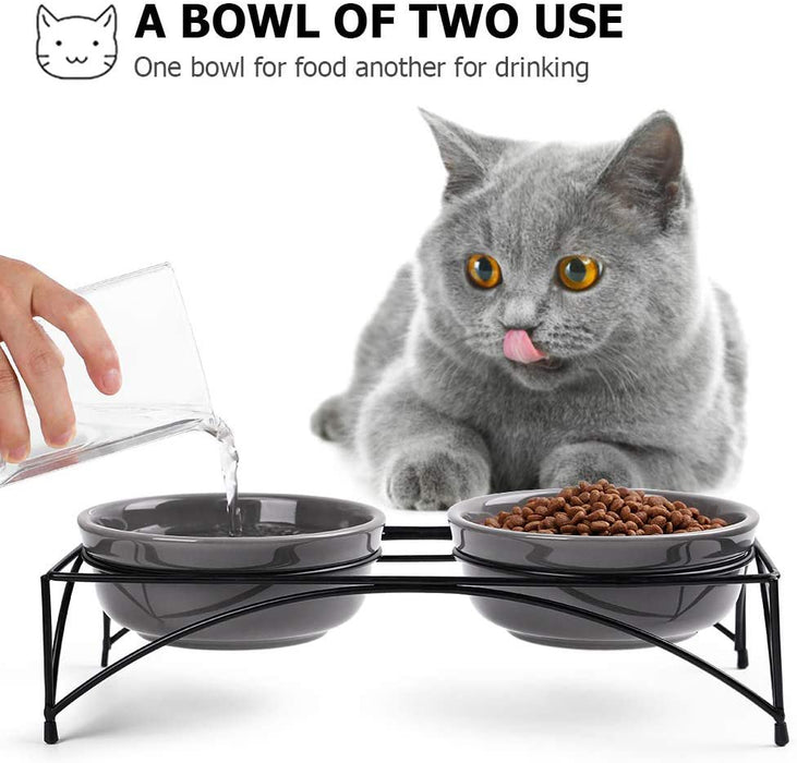 Ceramic Pet Bowls with Stand, 12 Ounces Raised Cat Dishes,Elevated Pet Bowls Non-Skid for Cats/Puppys, Gray