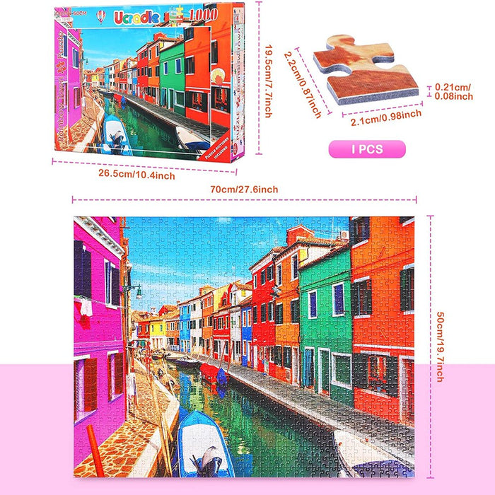 1000 Piece Puzzle for Adults, Anti-Glare Surface Vibrant Colors, Extra-Thick Blue Cardboard Jigsaw Puzzle for Adults and Kids 27.6"X 19.7" Colorful Venetian Houses