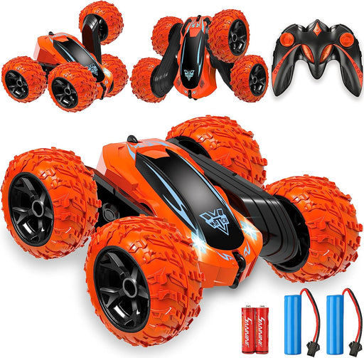 Remote Control Car, 2.4Ghz Electric Race Stunt Car, Double Sided 360° Rolling Rotating Rotation, LED Headlights RC 4WD High Speed off Road Gift for 3 4 5 6 7 8-12 Year Old Boy Toys (Orange)