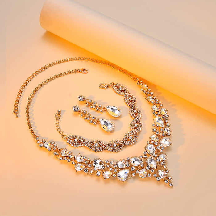 3/4 Pieces Women Jewelry Set Rhinestone Crystal Bride Statement Choker Necklace Tiara Crown Link Bangle Bracelet Teardrop Dangle Earrings Set for Wedding Party