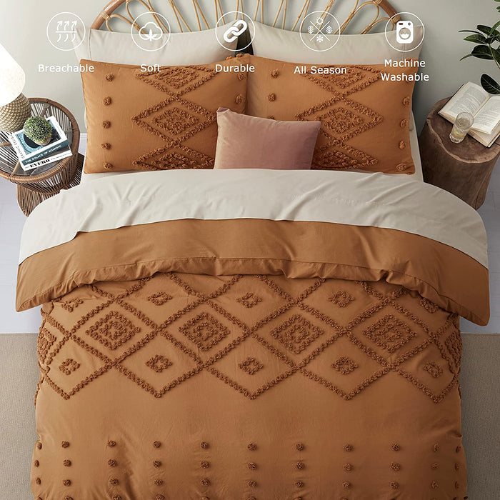 Oli Anderson Duvet Cover Queen Size, 3 Pieces Boho Tufted Bedding Set for All Seasons, Soft and Embroidery Shabby Chic Duvet Covers Set with Zipper Closure (Pumpkin, Queen, 90’’ X 90’’)