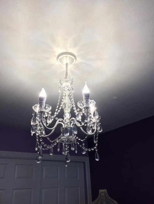 the Original 4 Light Crystal White Hardwire Flush Mount Chandelier H17.5”Xw15”, White Metal Frame with Clear Glass Stem and Clear Acrylic Crystals & Beads That Sparkle Just like Glass