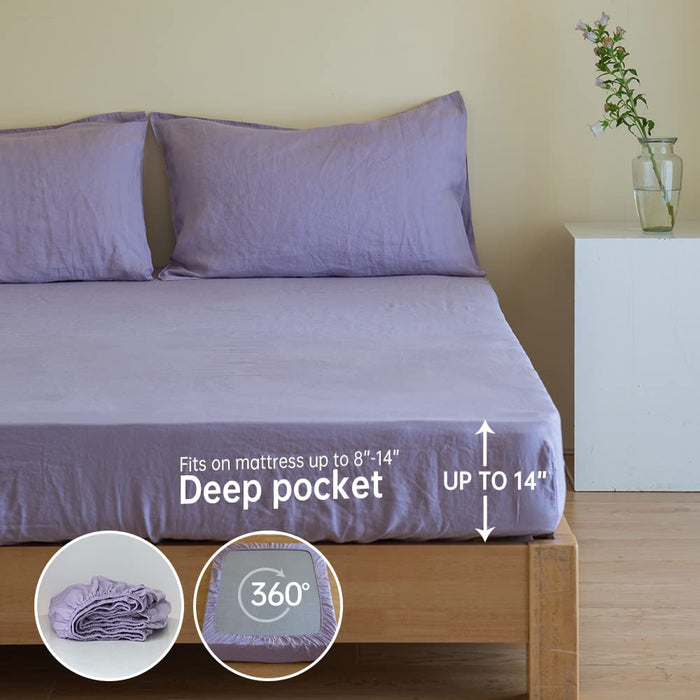 Simple&Opulence 100% Linen Sheet Set Solid Color-4 Pcs Washed French Linen Bed Sheets(1 Flat Sheet,1 Fitted Sheet,2 Pillowcases)-Breathable Bedding Set (Queen, Lilac)