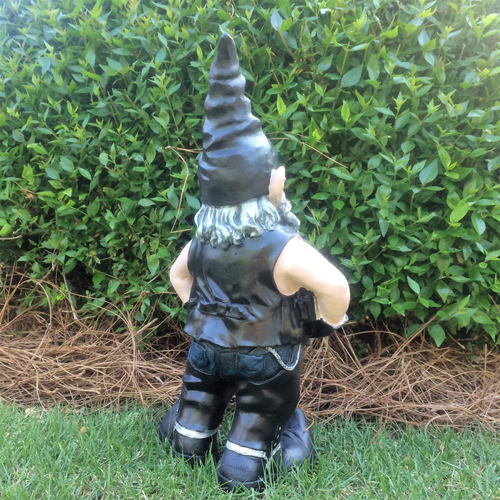 Homestyles "Biker Dude" the Biker Gnome in Leather Motorcycle Riding Gear Holding His Saddlebag Home & Garden Large Outdoor Statue 14.5"H