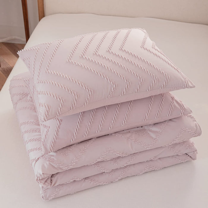 Queen Size Comforter Set, Chevron Tufted Design Blush Pink , Boho Bedding for Queen Bed ,Lightweight and Fluffy for All Seasons, 3 Piece